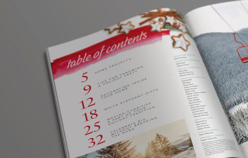 Holidays magazine table of contents